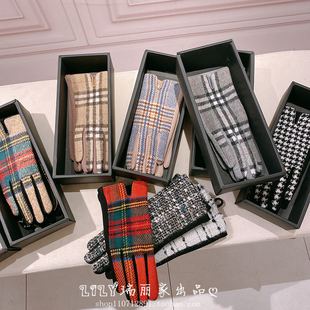 日单定制款 对称大格子羊毛羊绒千鸟格分指手保暖骑车触屏手套女