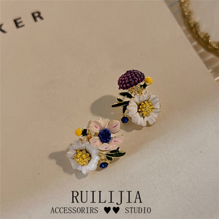 复古耳钉珐琅vintage古董法式油画艺术彩绘珐琅雏菊蛋白石耳环银