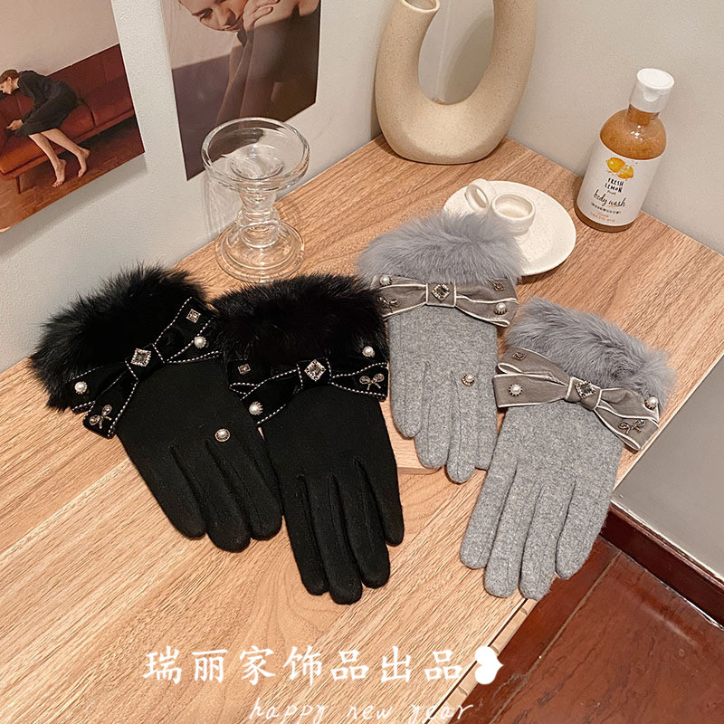 ins风 兔毛口蝴蝶结手套羊毛呢分指保暖加绒加厚手套骑车女触屏
