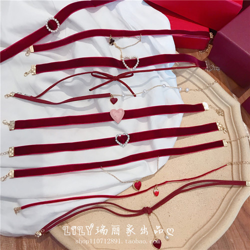初春款酒红丝绒爱心少女心颈链