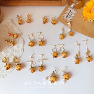 瑞丽家原创设计小众黄色永生花天然珍珠耳环女ins玫瑰花耳钉耳饰