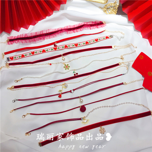 瑞丽家原创雪花酒红丝绒choker复古JK礼服水晶新年项圈秋冬颈链