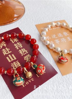 古法吞金兽红玛瑙招财运水晶手链