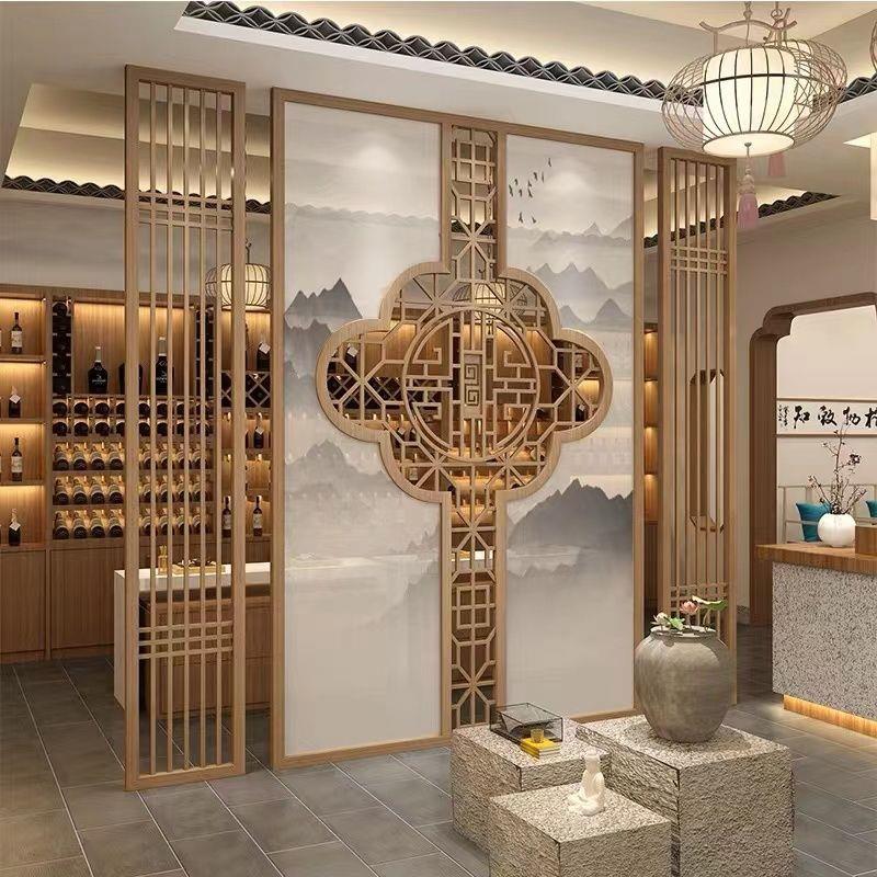 定制新中式实木进门入户玄关客厅餐厅遮挡黑胡桃花格背景隔断屏风