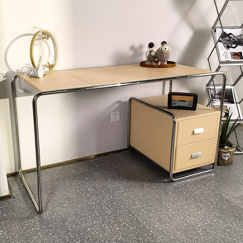 定制白色中古书桌抽屉马鞍皮桌面侘寂风黑色办公电脑桌子现代轻奢