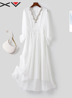 BXV白色桑蚕丝连衣裙女中长款2025夏季新款重工钉珠长袖真丝裙子