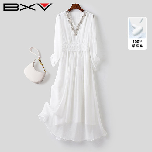 BXV气质感V领收腰真丝连衣裙
