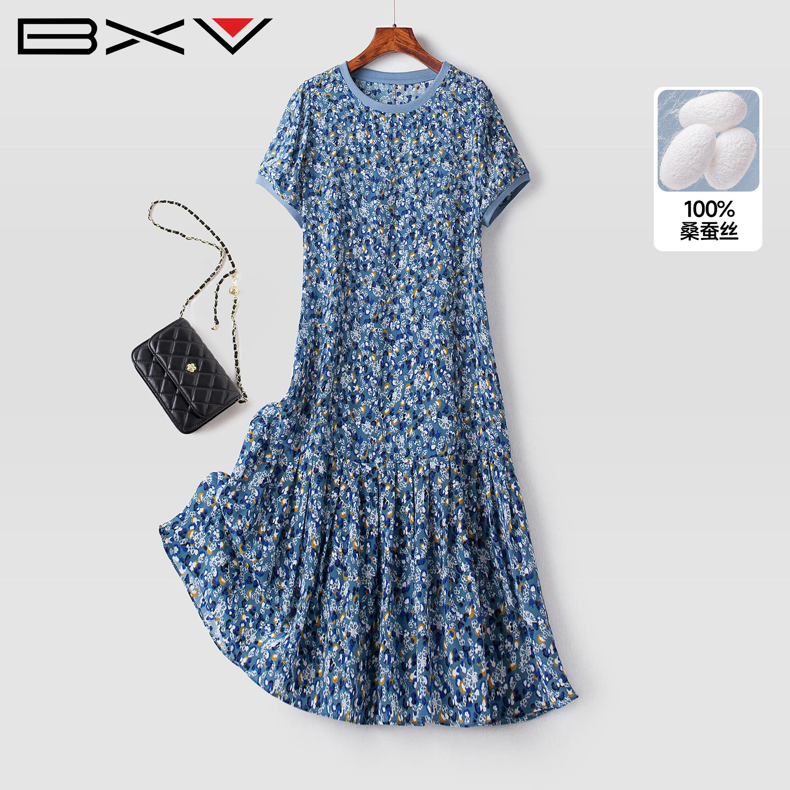 BXV蓝色碎花真丝A字连衣裙