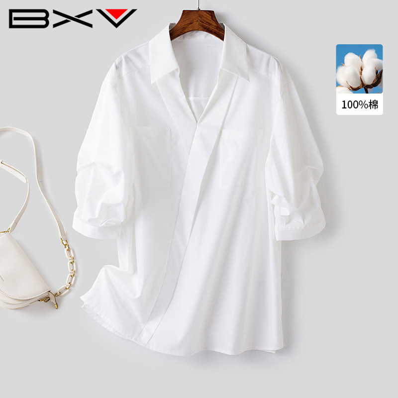 BXV纯棉衬衫女2026春新款设计感小众休闲灯笼袖V领五分袖衬衣潮
