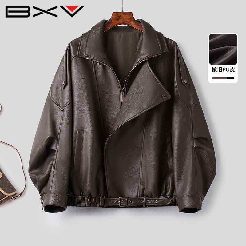 BXV双层领皮衣女2025秋新款褶皱可调节下摆做旧机车夹克外套潮
