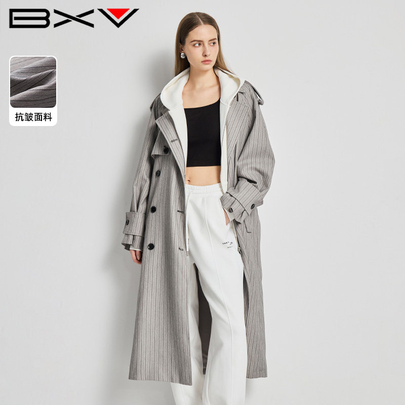 BXV老钱风条纹后开叉中长风衣