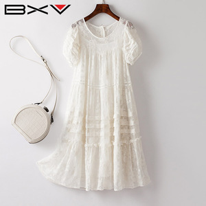 BXV小个子刺绣花桑蚕丝连衣裙女2026夏新款泡泡袖真丝裙子宽松潮