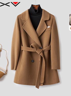 BXV小个子双面羊绒大衣女2025春季新款系带双排扣双面呢羊毛外套