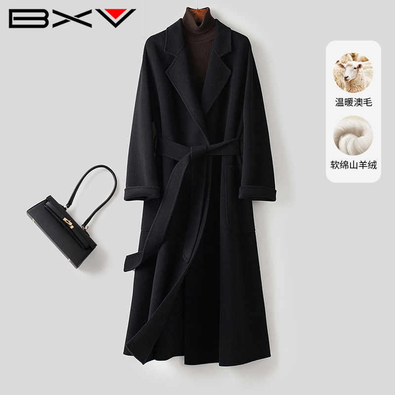 BXV黑色山羊绒大衣女中长款2025春新款双面呢加厚羊毛外套长过膝