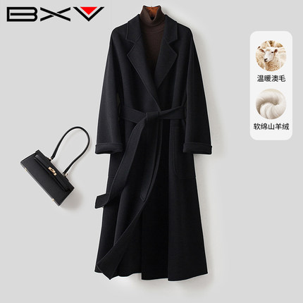 BXV黑色山羊绒大衣女中长款2025春新款双面呢加厚羊毛外套长过膝