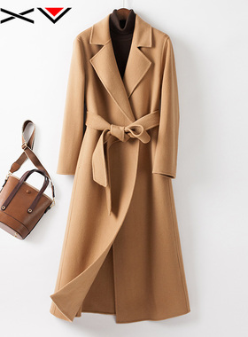 系带山羊绒大衣女中长款长过膝2025春季新款加厚双面呢外套加厚潮