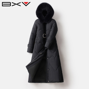 黑色狐狸大毛领羽绒服女中长款2025冬季新款腰带宽松保暖连帽外套