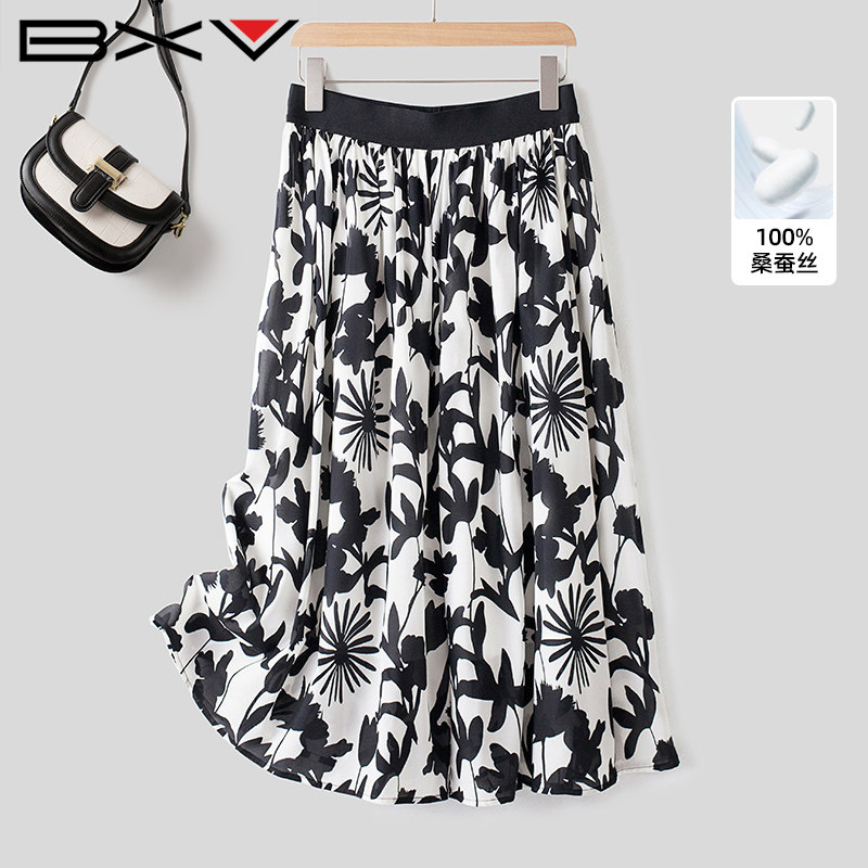 BXV高腰碎花真丝半身裙女2026夏季新款松紧腰水墨印花桑蚕丝裙子