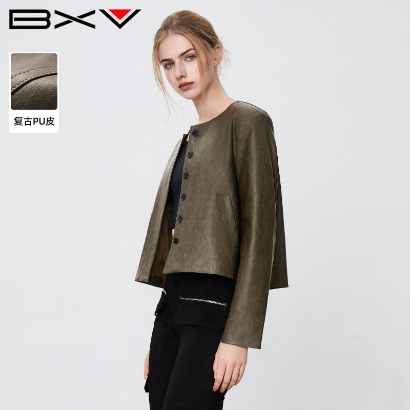 BXV复古绿圆领皮衣外套女