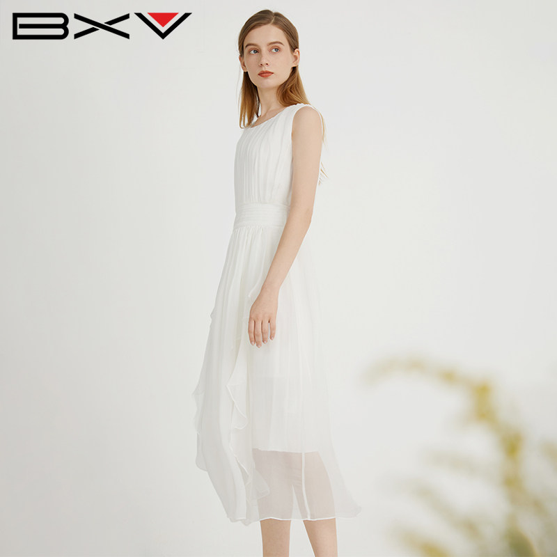 BXV白色桑蚕丝收腰显瘦连衣裙