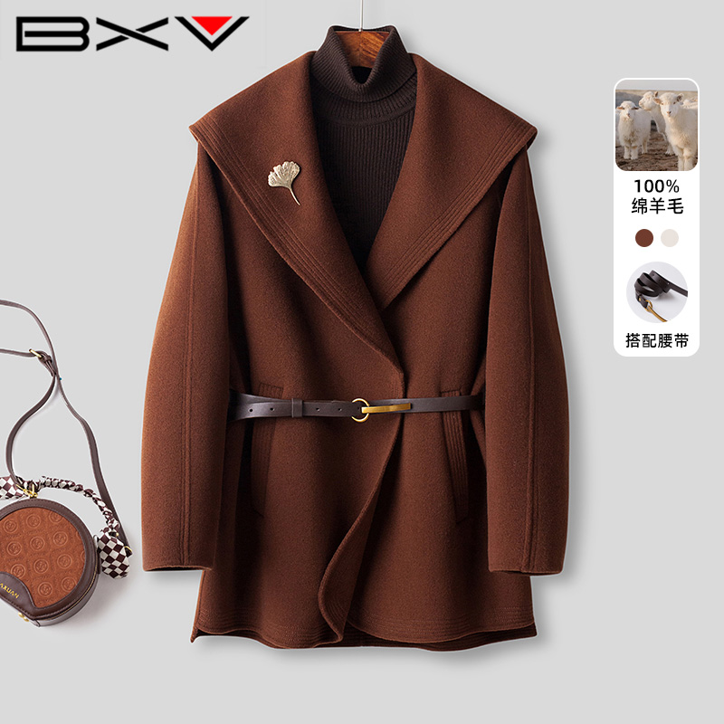 BXV气质大翻领腰带羊毛大衣