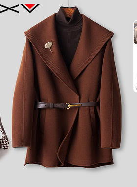 BXV小个子双面羊绒大衣女短款2025秋新款设计感大翻领双面呢外套