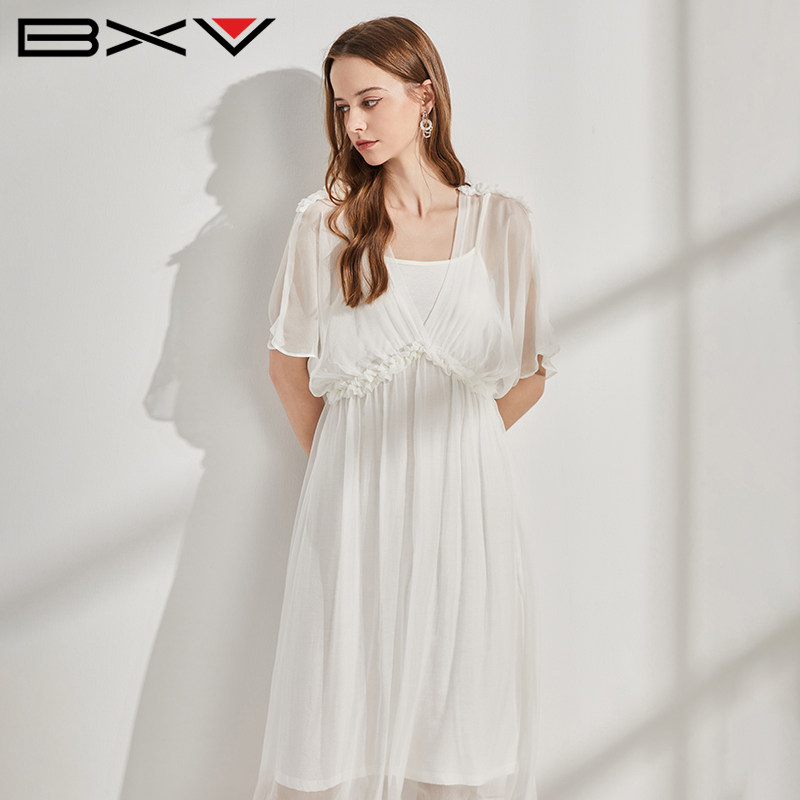 BXV真丝桑蚕丝V领连衣裙女夏