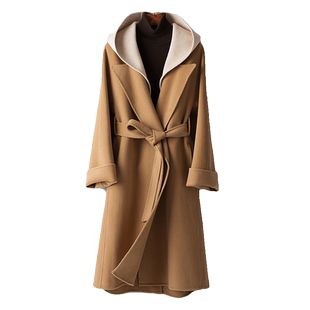 BXV可拆卸连帽双面羊绒大衣女中长款2025春新款设计感双面呢外套