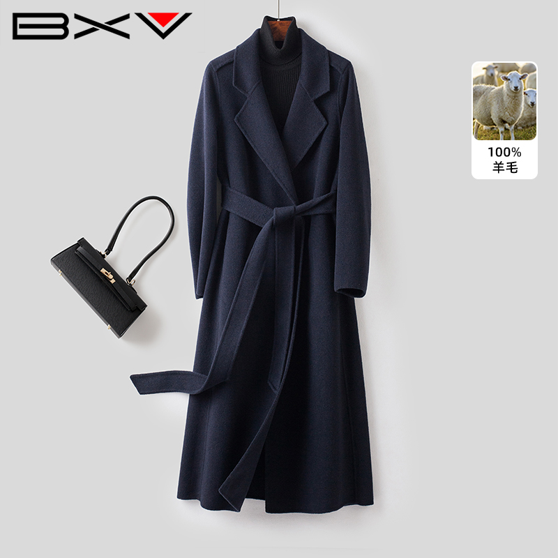 BXV100%羊毛中长系带羊毛呢大衣