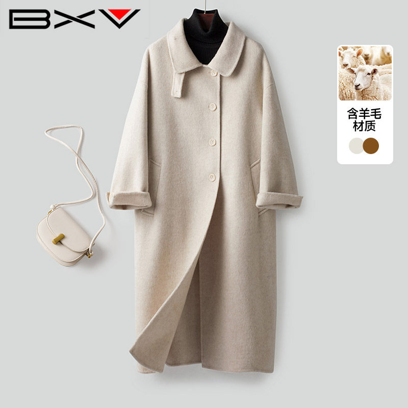 BXV娃娃领双面羊绒大衣女中长款2025秋冬新款单排扣澳洲羊毛外套,女装/女士精品,毛呢外套,淘宝优惠券,粉丝福利购,淘宝优惠卷