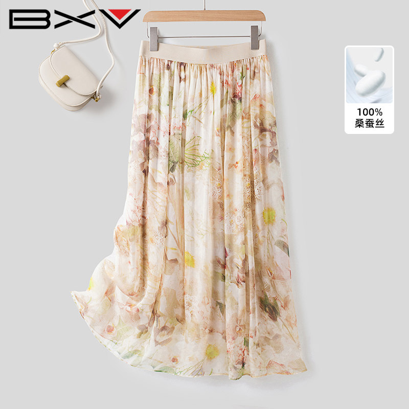 BXV高腰百搭A字桑蚕丝半身裙
