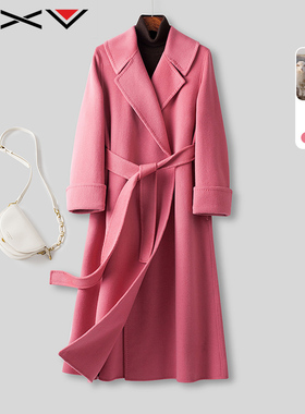 BXV粉色双面羊绒大衣女中长款2025春季新款系带高级感羊毛呢外套