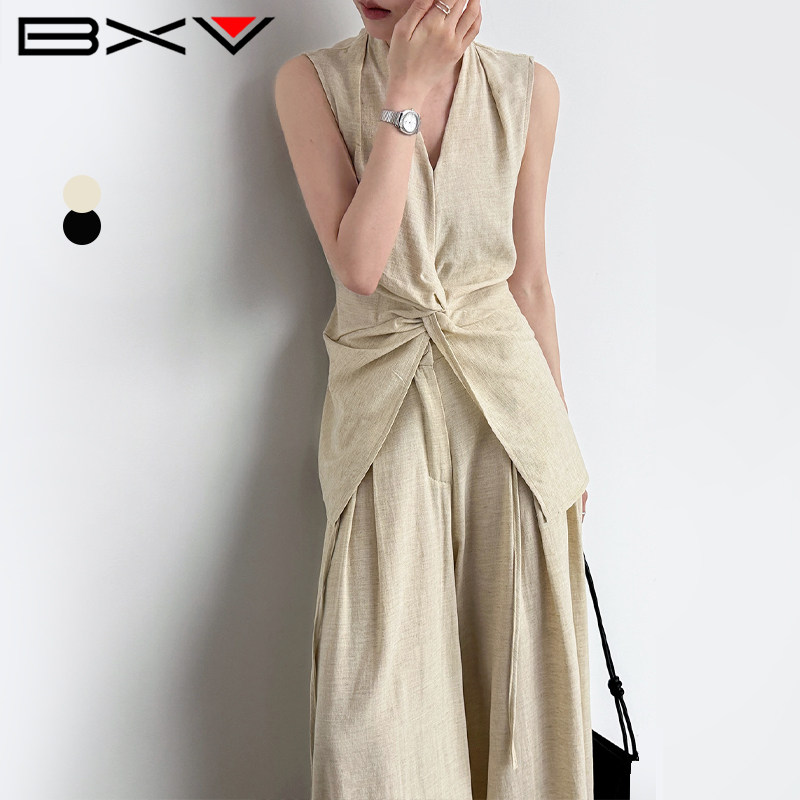 BXV夏季亚麻女装扭结阔腿套装