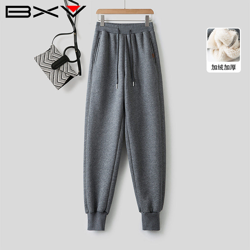BXV高腰运动束脚卫裤女2025秋冬宽松直筒廓形加绒加厚长裤运动裤