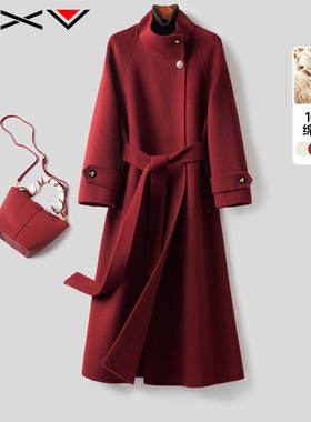 BXV赫本风双面羊绒大衣女中长款2025春新款立领纯色澳洲羊毛外套