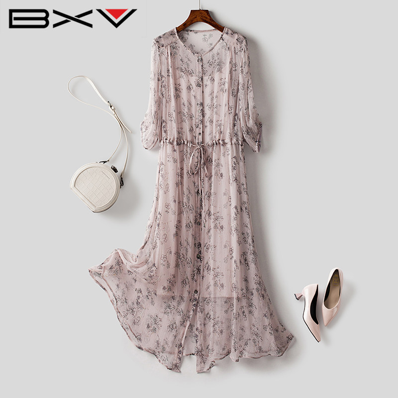 BXV夏季桑蚕丝碎花显瘦连衣裙