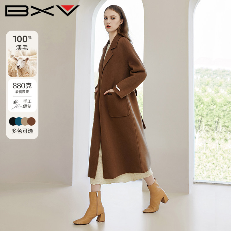BXV系带双面羊毛大衣女中长款长过膝2026春季新款双面呢外套长款