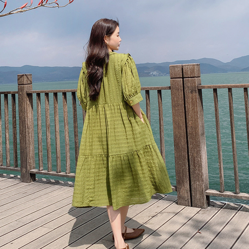 现货条纹宽松高腰开襟连衣裙297-112-P125-K178,女装连衣裙,艾艾淮淮