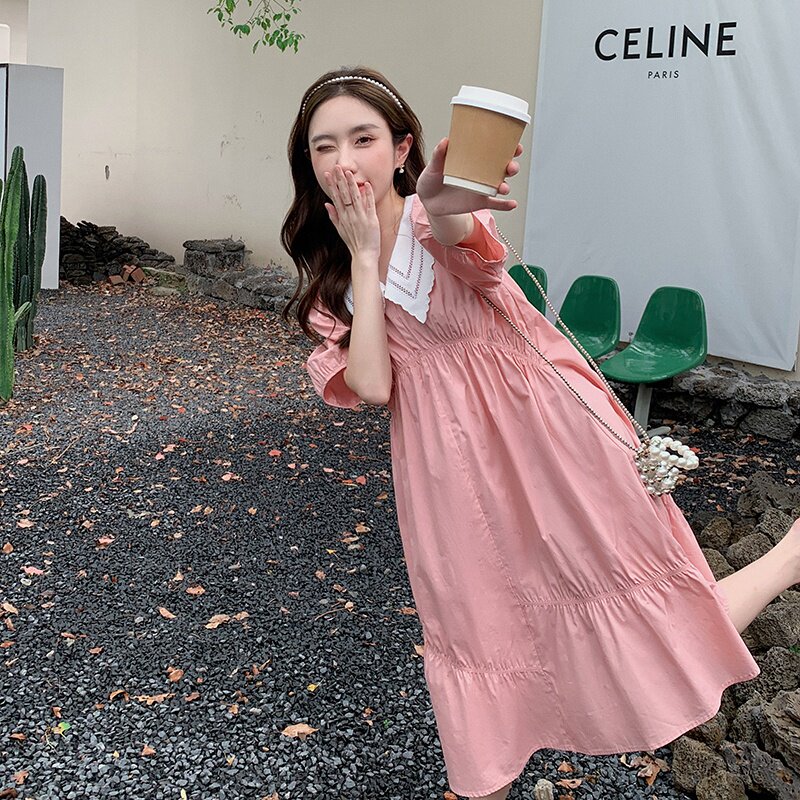 学院风嫩粉色娃娃领连衣裙女夏季2025新款甜美少女仙气休闲公主裙图片