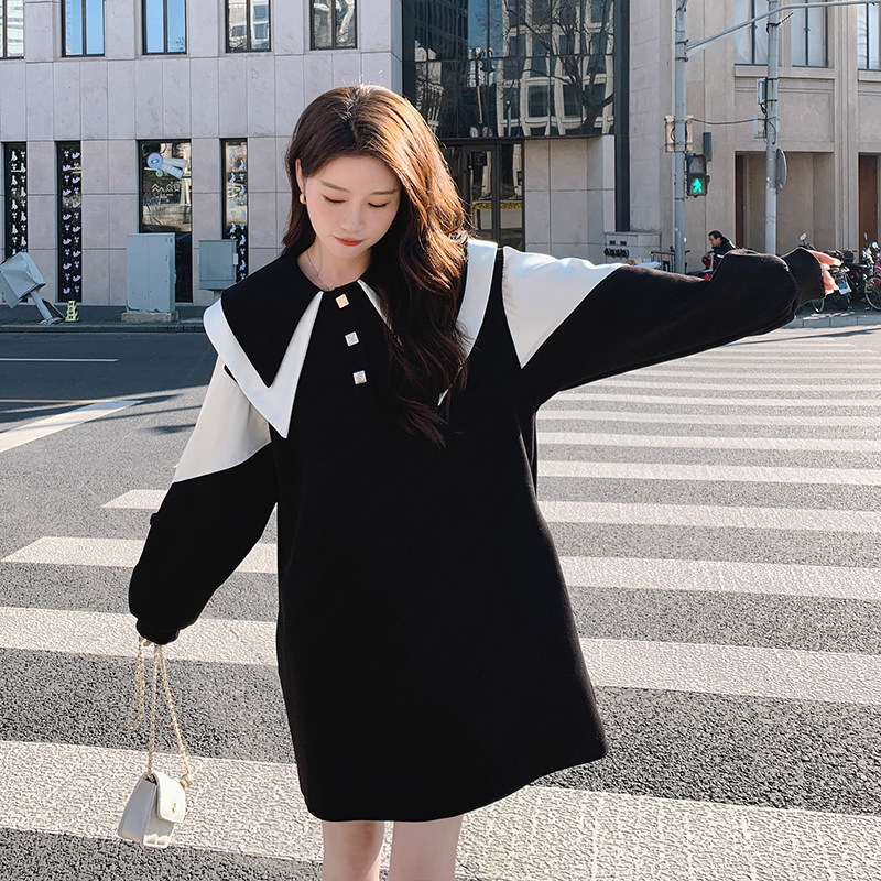 韩版甜美撞色娃娃领连衣裙女2025春秋季新款法式宽松显瘦减龄短裙图片