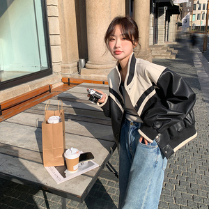 现货新款圆领拼接设计棒球服皮衣外套297-050图片