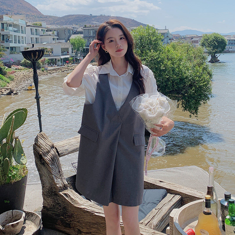 假两件衬衫拼接连衣裙女夏装2025新款小众设计感宽松灰色背带裙子,女装连衣裙,艾艾淮淮