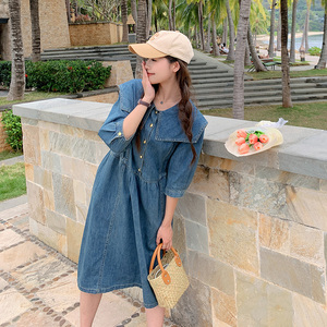 蓝色海军领牛仔连衣裙女2023夏新款韩版学院风小个子别致气质裙子图片