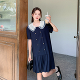 现货娃娃领双排扣宽松显瘦百褶裙297-230-P105-K158，女装连衣裙，艾艾淮淮
