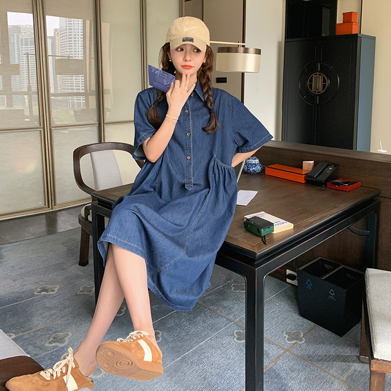复古宽松牛仔连衣裙女小个子2023夏季新款韩版大码显瘦减龄衬衫裙,女装连衣裙,艾艾淮淮