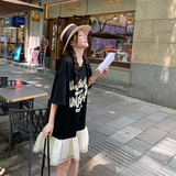 时尚拼接鱼尾连衣裙女夏季2025新款设计感宽松黑色字母印花T恤裙，女装连衣裙，艾艾淮淮