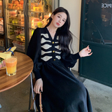 现货早春新款灯笼袖条纹针织拼接连衣裙297-001，女装连衣裙，艾艾淮淮