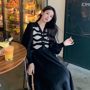 现货 早春 新款灯笼袖条纹针织拼接连衣裙297-001,女装连衣裙,艾艾淮淮