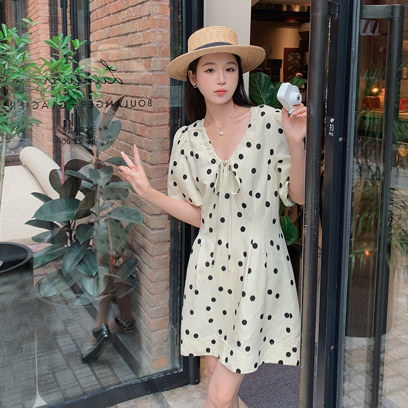现货法式V领绑带波点小个子连衣裙297-251-P105-K158，女装连衣裙，艾艾淮淮