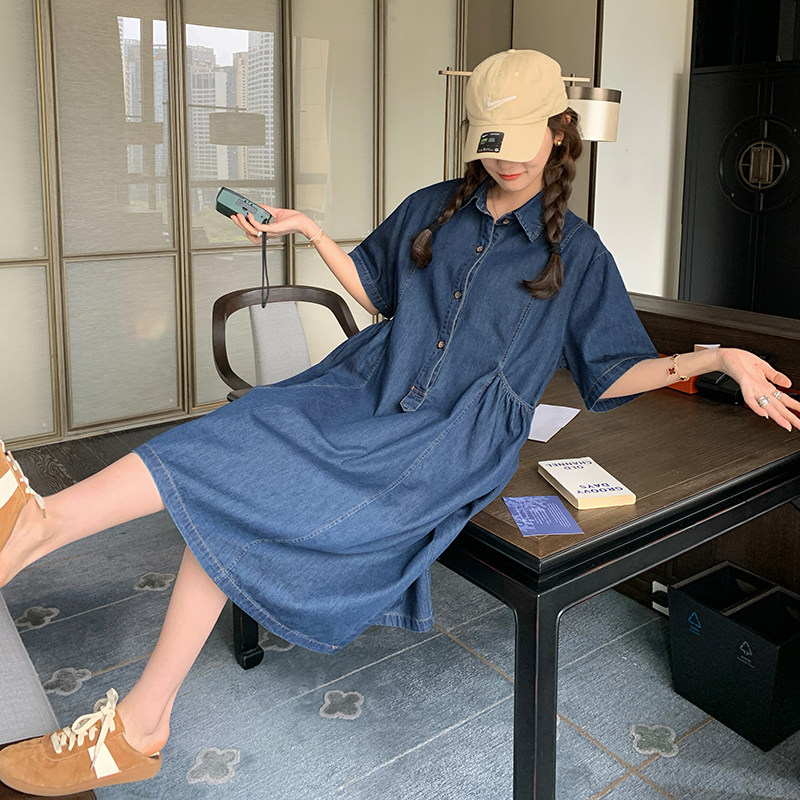 复古宽松牛仔连衣裙女小个子2023夏季新款韩版大码显瘦减龄衬衫裙,女装连衣裙,艾艾淮淮